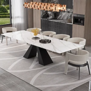 63'' to 94.5” Extendable Dining Table For 8-10 with Sintered Stone Tabletop and Metal Base