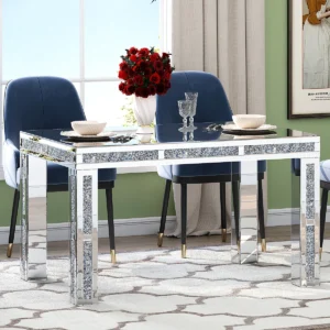 Douty Mirrored Dining Table Glass Top with 4 Legs Crushed Diamond Inlay