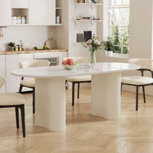 Jamani 71" Modern Oval Dining Table for 6, Glossy White Sintered Stone table top, Stable Wood Legs